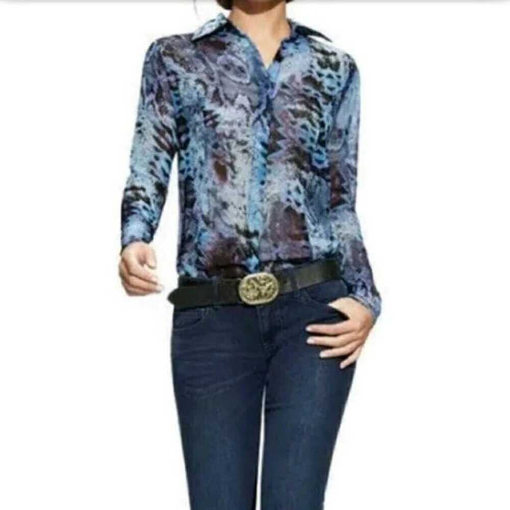 CAbi Chiffon Long Sleeve Blue Animal Print Blouse Size M